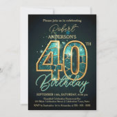 エレガントティール(緑がかった色)と金ゴールド40歳の誕生日お祝い 招待状 (正面)