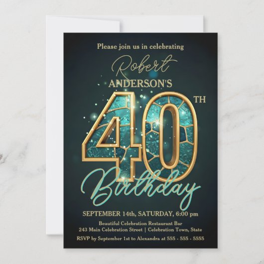 エレガントティール(緑がかった色)と金ゴールド40歳の誕生日お祝い 招待状 (正面)