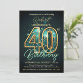 エレガントティール(緑がかった色)と金ゴールド40歳の誕生日お祝い 招待状 (スタンド正面)