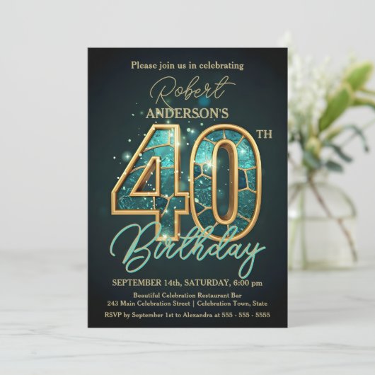 エレガントティール（緑がかった色）と金ゴールド40歳の誕生日お祝い 招待状 (スタンド正面)