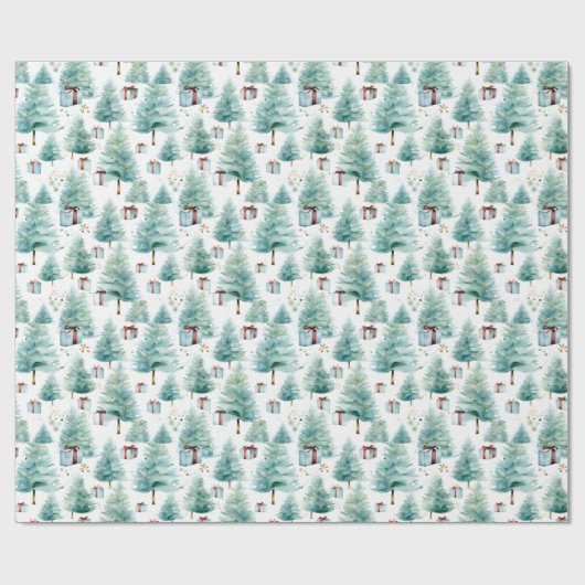エレガントティール(緑がかった色)の水の色クリスマスの木と贈り物 ラッピングペーパー (フラット)