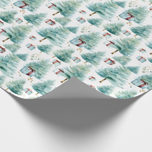 エレガントティール(緑がかった色)の水の色クリスマスの木と贈り物 ラッピングペーパー (角)
