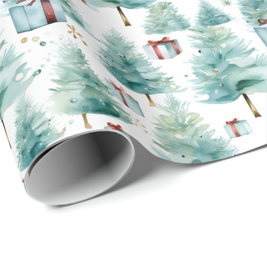 エレガントティール(緑がかった色)の水の色クリスマスの木と贈り物 ラッピングペーパー (ロールコーナー)