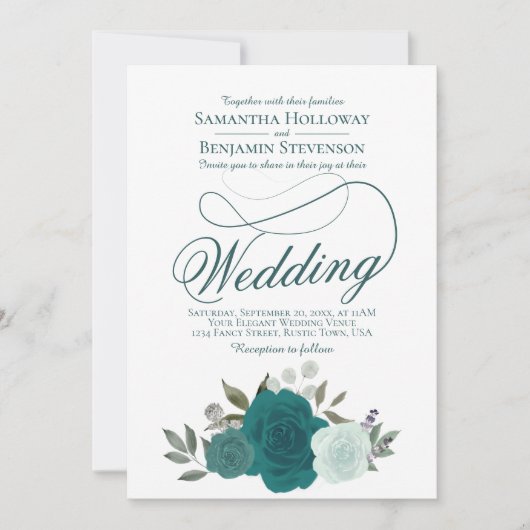 エレガントティール（緑がかった色）&アクアバラフローラQRコード結婚s 招待状 (正面)