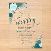 エレガントティール(緑がかった色)&アクアボホシックバラファンシーズ結婚 アクリル招待状 (正面)