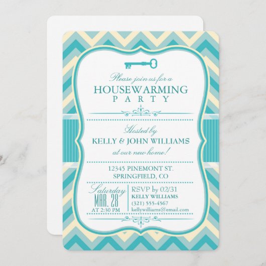 エレガントティール(緑がかった色)&オフホワイトシェブロン引っ越し祝いパーティー 招待状 (正面/裏面)