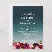 エレガントティール（緑がかった色）グラデーションブルゴーニュフローラ結婚ズ 招待状 (正面)