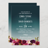 エレガントティール（緑がかった色）グラデーションブルゴーニュフローラ結婚ズ 招待状 (正面/裏面)