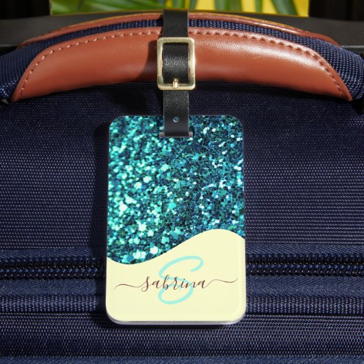 エレガントティール（緑がかった色）グリーンドリップグリッターモノグラムの名 ラゲッジタグ (正面インサイチュ2)