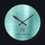 エレガントティール（緑がかった色）グリーンブラシ仕上げメタル ラウンド壁時計<br><div class="desc">パーソナライズされたモノグラムの エレガントティール（緑がかった色）グリーンブラシ付き丸時計</div>