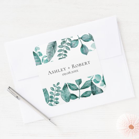 エレガントティール（緑がかった色）グリーンリー水モダン色結婚の スクエアシール (封筒)