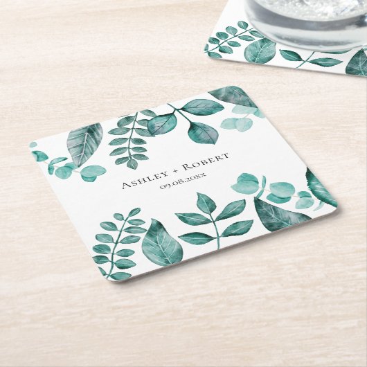 エレガントティール（緑がかった色）グリーンリー水モダン色結婚の スクエアペーパーコースター (アングル)