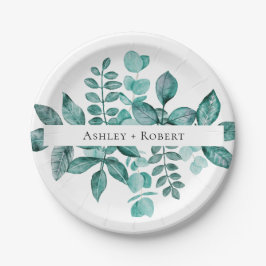 エレガントティール（緑がかった色）グリーンリー水モダン色結婚の ペーパープレート