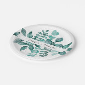 エレガントティール（緑がかった色）グリーンリー水モダン色結婚の ペーパープレート (アングル)