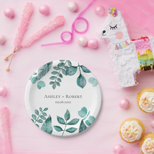 エレガントティール（緑がかった色）グリーンリー水モダン色結婚の ペーパープレート (パーティー)