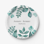 エレガントティール（緑がかった色）グリーンリー水モダン色結婚の ペーパープレート (正面)