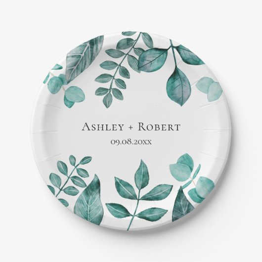 エレガントティール（緑がかった色）グリーンリー水モダン色結婚の ペーパープレート (正面)