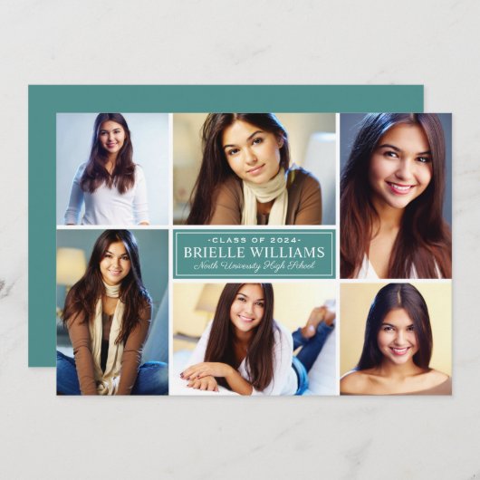 エレガントティール(緑がかった色)グリーン卒業式パーティー写真コラージュ 招待状 (正面/裏面)