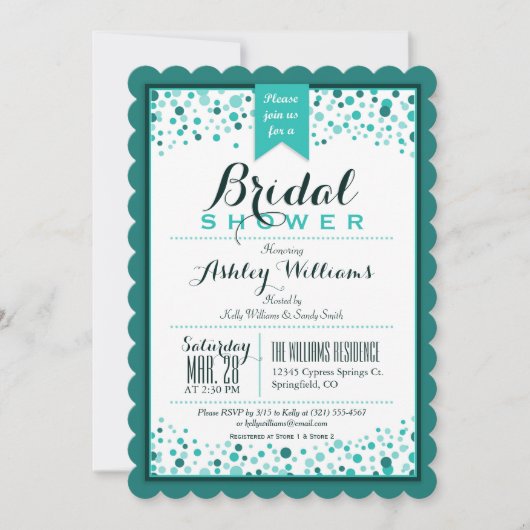 エレガントティール(緑がかった色)グリーン;ターコイズブライダルシャワー 招待状 (正面)