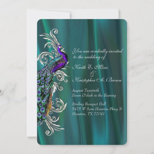 エレガントティール（緑がかった色）サテンピーコック結婚式招待状 招待状 (正面)