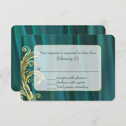 エレガントティール（緑がかった色）サテン結婚の応答カード 出欠カード (正面/裏面)