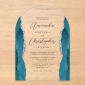 エレガントティール(緑がかった色)シルバー瑪瑙スクリプトアー結婚チ アクリル招待状 (正面)