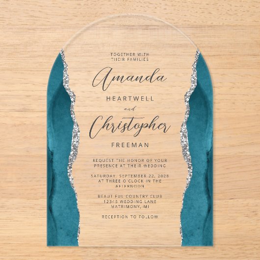 エレガントティール（緑がかった色）シルバー瑪瑙スクリプトアー結婚チ アクリル招待状 (正面)