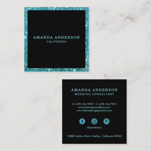 エレガントティール（緑がかった色）スタイリッシュグリッタースパークル名刺 スクエア名刺 (正面/裏面)