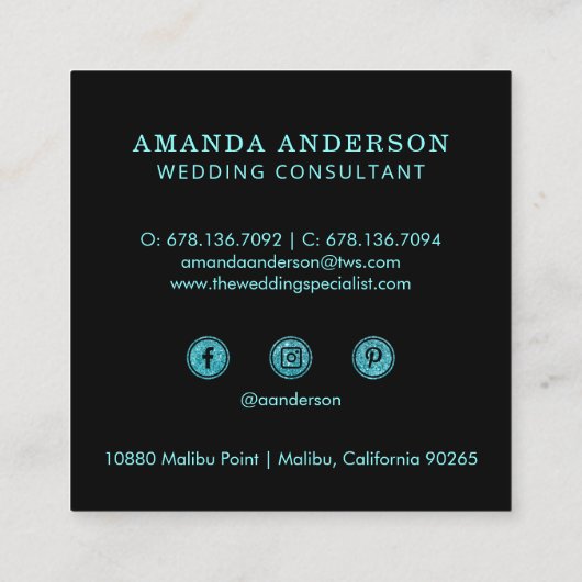 エレガントティール(緑がかった色)スタイリッシュグリッタースパークル名刺 スクエア名刺 (裏面)