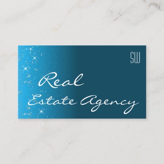 エレガントティール（緑がかった色）スパークルグリッター星とモノグラム 名刺 (正面)