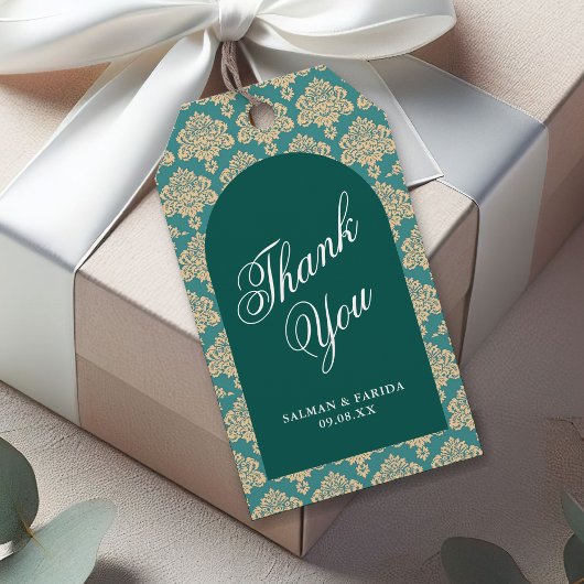 エレガントティール(緑がかった色)ダマスカ結婚ーチ ギフトタグ