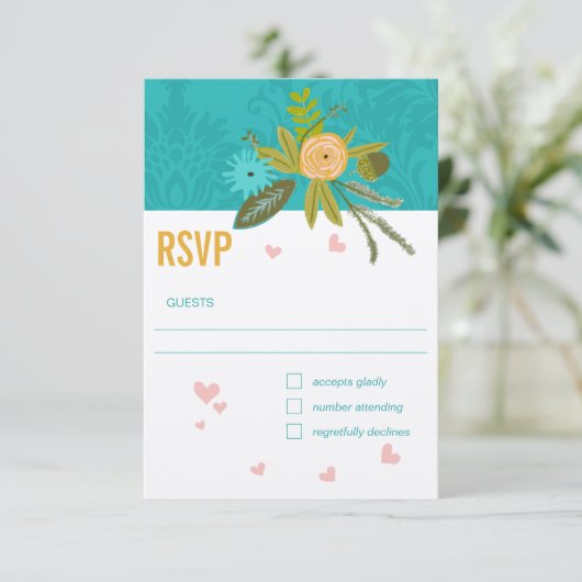 エレガントティール（緑がかった色）ダマスクターコイズピンク金ゴールドズ結婚ス 出欠カード (スタンド正面)