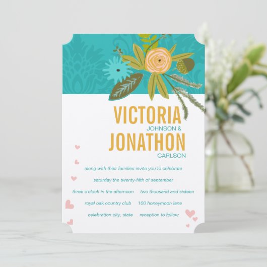 エレガントティール（緑がかった色）ダマスクターコイズピンク金ゴールドズ結婚ス 招待状 (スタンド正面)