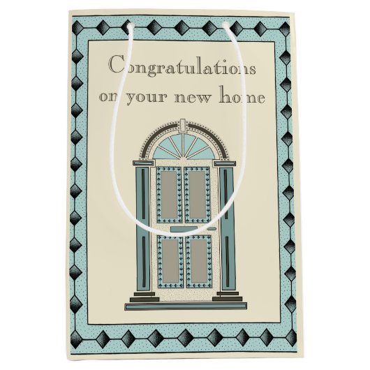 エレガントティール（緑がかった色）ドア引っ越し祝いパーティー ミディアムペーパーバッグ (正面)