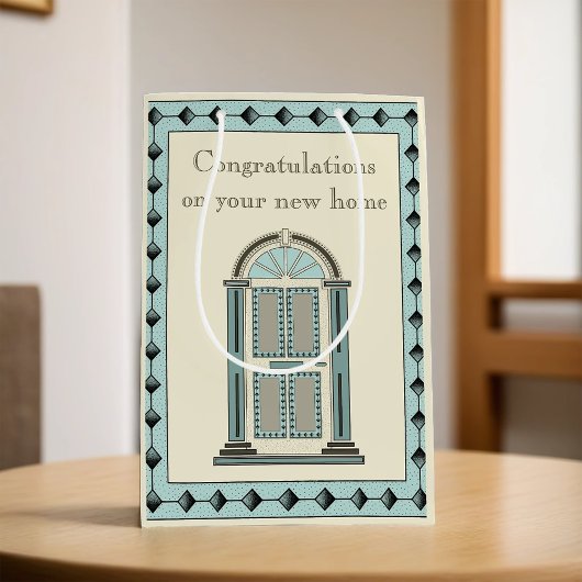 エレガントティール（緑がかった色）ドア引っ越し祝いパーティー ミディアムペーパーバッグ