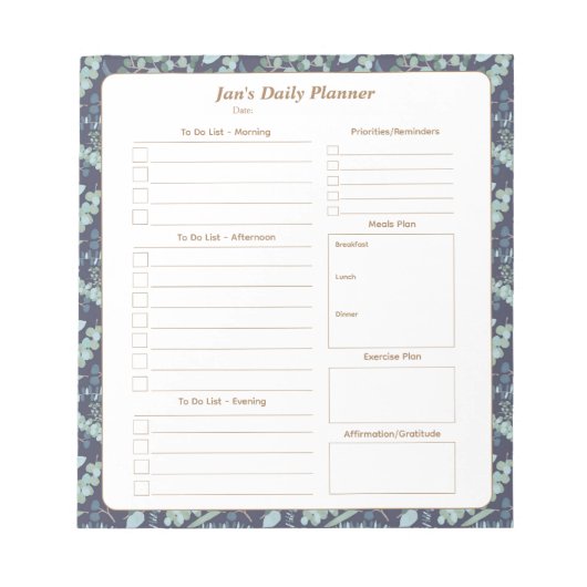 エレガントティール(緑がかった色)ネイビーブルーフォージデイリープランナー ノートパッド (正面)