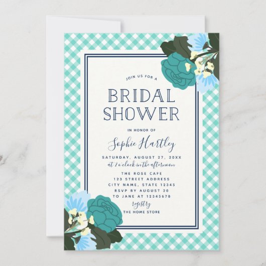 エレガントティール(緑がかった色)バラフローラブライダルシャワー招待 招待状 (正面)