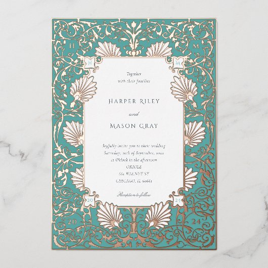 エレガントティール(緑がかった色)バラ結婚金ゴールド 箔招待状 (正面)