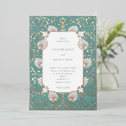 エレガントティール(緑がかった色)バラ結婚金ゴールド 箔招待状 (立ち正面)