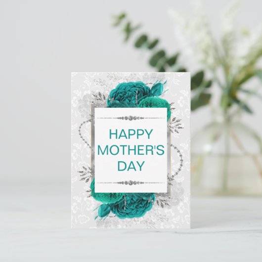 エレガントティール（緑がかった色）バラ&シルバーグリッターマザーデイ ポストカード (スタンド正面)