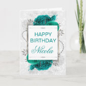 エレガントティール（緑がかった色）バラ&シルバーグリッター誕生日 カード (正面)