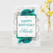 エレガントティール(緑がかった色)バラ&シルバーグリッター誕生日 カード (黄色い花)