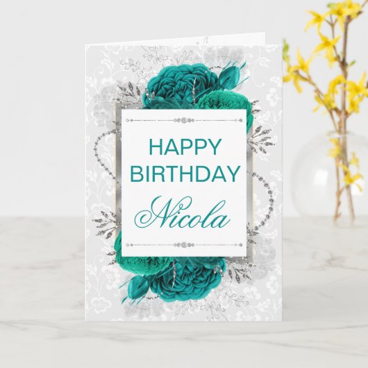 エレガントティール（緑がかった色）バラ&シルバーグリッター誕生日 カード (黄色い花)