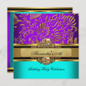 エレガントティール（緑がかった色）パープル金ゴールドダマスクバースデーパーティー 招待状 (正面/裏面)