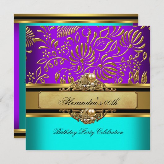エレガントティール（緑がかった色）パープル金ゴールドダマスクバースデーパーティー 招待状 (正面/裏面)