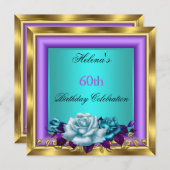 エレガントティール（緑がかった色）パープル金ゴールドバラ誕生日パーティー4b 招待状 (正面/裏面)