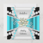 エレガントティール(緑がかった色)パール白黒ダイヤモンド誕生日 招待状 (正面)