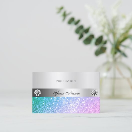 エレガントティール（緑がかった色）ピンクグリッターダイヤモンド発光シルバー 名刺 (スタンド正面)