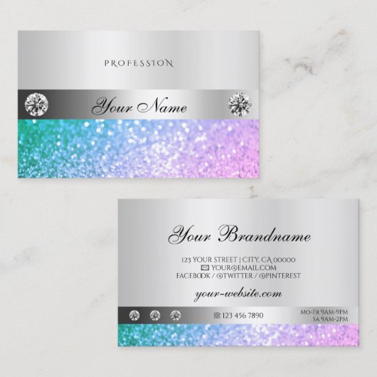 エレガントティール（緑がかった色）ピンクグリッターダイヤモンド発光シルバー 名刺 (正面/裏面)