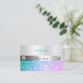 エレガントティール(緑がかった色)ピンクグリッターモノグラム発光銀 名刺 (スタンド正面)